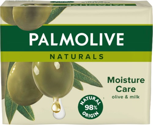 A box of Palmolive Naturals Moisture Care soap with olives and milk, featuring olives and leaves on the packaging.