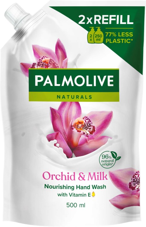 A white refill pouch for hand wash with pink orchids. It says 2x refill, contains 500 ml, and has natural ingredients.