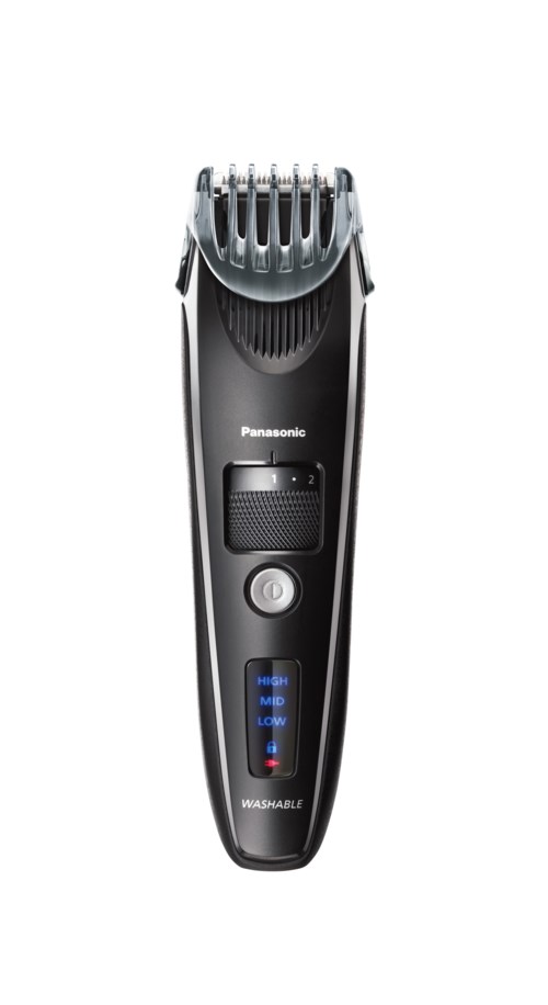 A Panasonic hair trimmer with adjustable settings and a blue-lit indicator.