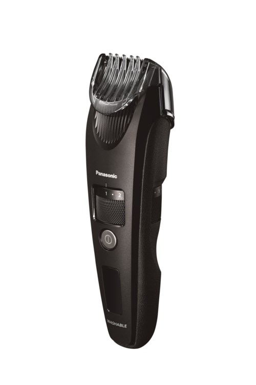 A black electric hair clipper with a silver cutting head, power button, and adjustable settings. It is made by Panasonic.