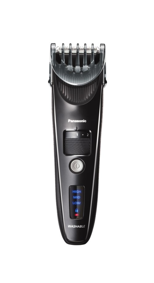 A black electric hair trimmer with adjustable settings, LED display, and a washable design.