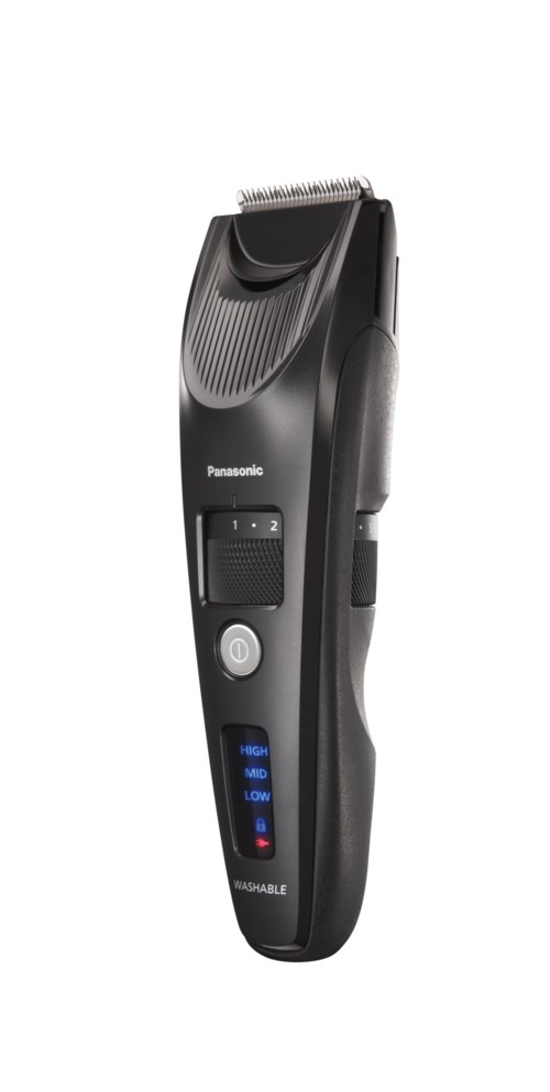 A black and gray electric hair trimmer with buttons and a digital display for settings.