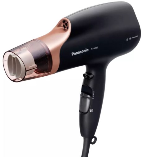 A black and pink hair dryer with control buttons on the handle and brand logo visible.