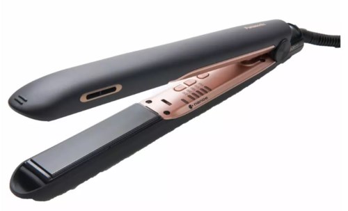 A black and rose gold hair straightener with a digital display and a cord.