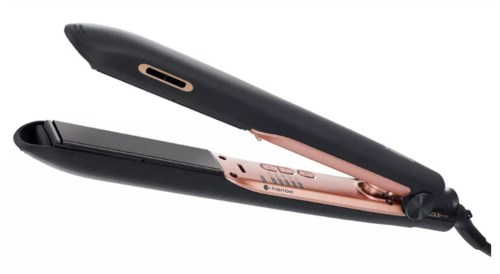 A black and pink hair straightener with a digital display and button controls.