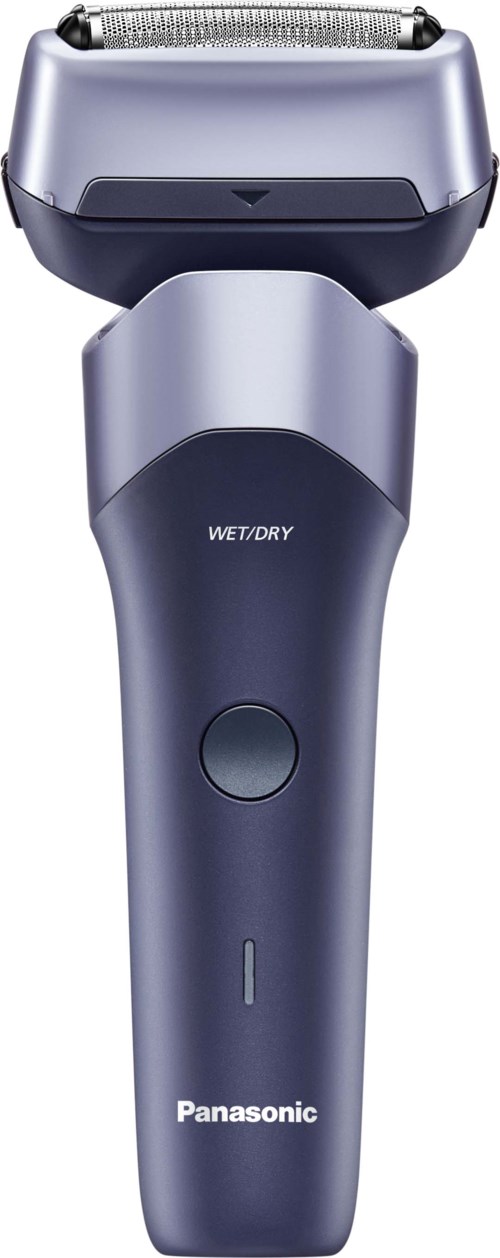 A Panasonic electric shaver with a gray handle and a black head, labeled Wet/Dry. It has a circular button.