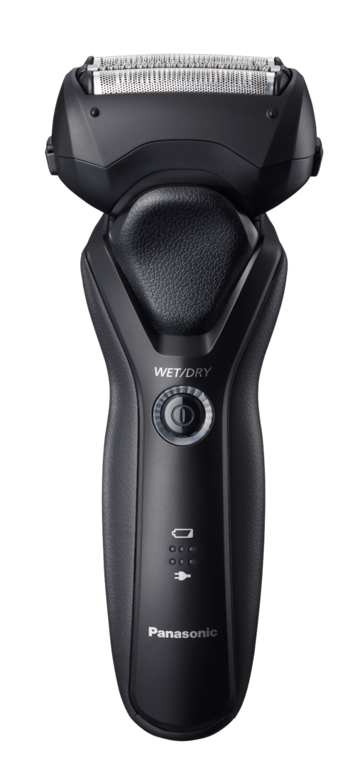 A black electric shaver with a rounded head, grip handle, power button, and brand name Panasonic.