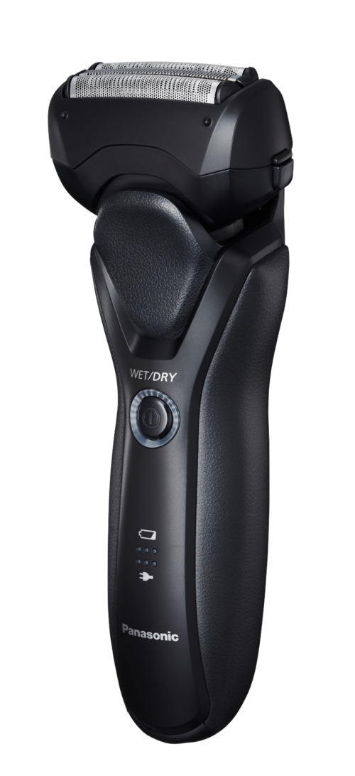A black electric shaver with a grip handle, a switch labeled 'WET/DRY', and a shaving head.