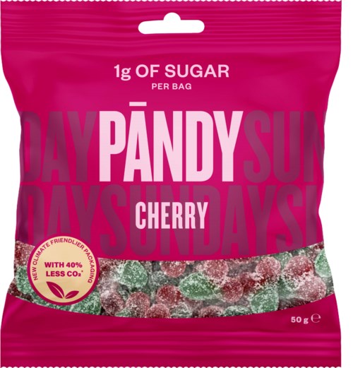 Rosa påse med körsbärssmakande godisar, 1g socker per påse, 50g vikt, och en etikett som främjar låg CO₂.