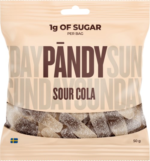 Sur cola smaker Pandy Sun karameller i påse med klar fönster, 50g. Sveriges flagga visar ursprung.