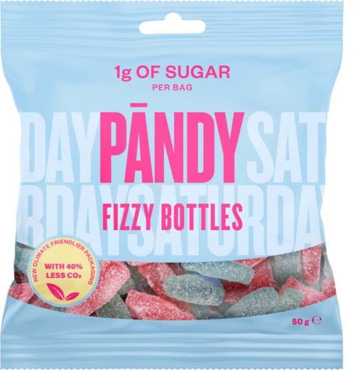 En påse surgodis som heter Pandy Sat med 40% mindre socker, väger 50g och har färgglada geléformer.