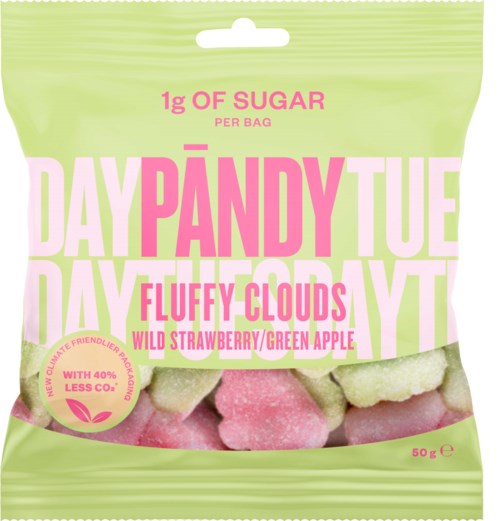 Förpackning med sockrad formad som moln i rosa, grönt och vitt, märkt 'Day Pandy TUE' med smakbeskrivning.