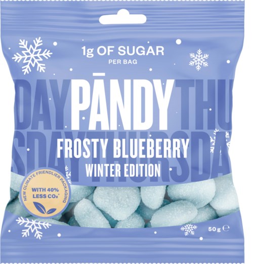 Blåbärskarameller med vinterns tema, söta och frostiga, väger 50 gram, med mindre socker, vinterutgåva.