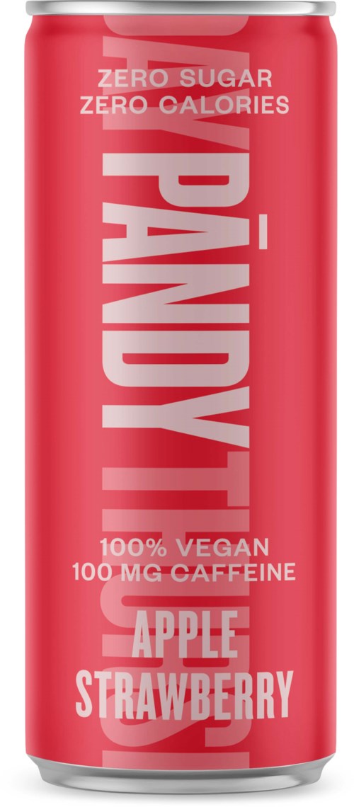 En rosa burk med text som marknadsför en sockerfri, vegansk energidryck med äpple- och jordgubbssmak.