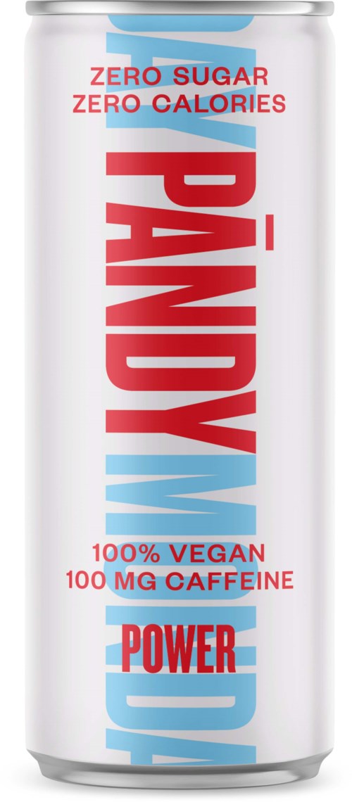 En burk med ordena "Power Drink" och "Zero Sugar, Zero Calories" på en vit bakgrund.