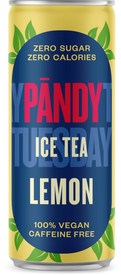 En burk Pandy-is-te med citron smak, vegan, sockerfri och koffeinfri.