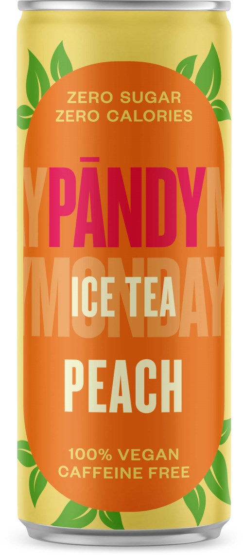 Eine Dose Pfirsich Eistee namens 'PANDY', ohne Zucker, vegan und koffeinfrei, mit orange- und grünfarbenem Design.