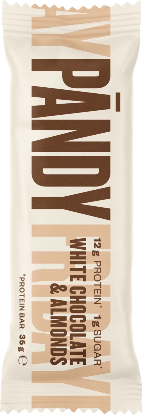 En proteinbar som heter 'MY PANDY'. Den är smakar vit choklad och mandel, med 12g protein, 13g socker och 8g fett.