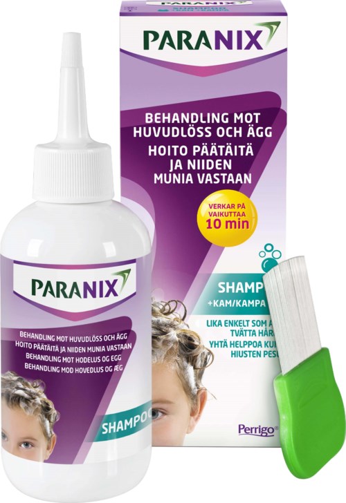 A shampoo bottle and box for dandruff treatment, with a small green brush and a child's photo. The box has purple, green, and white colors.