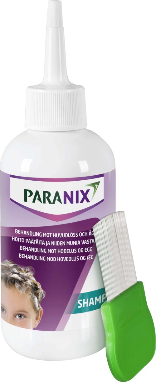 A white bottle labeled 'Paranix' with purple and green accents and a green comb placed next to it.