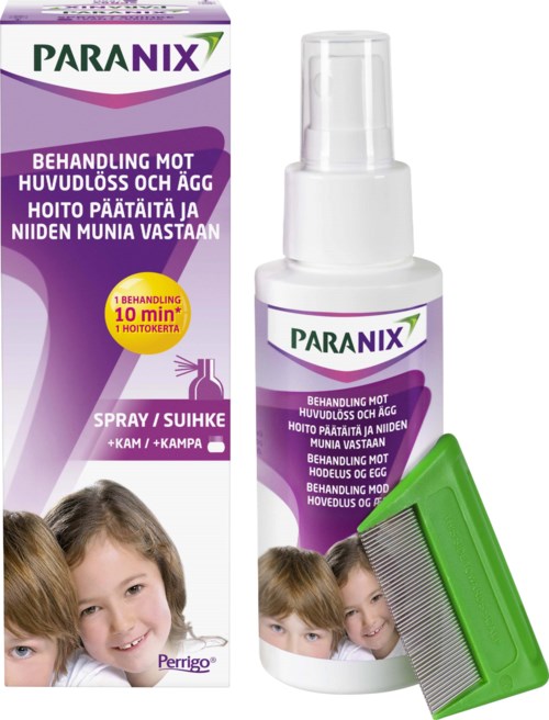 A spray bottle with a green comb, used to treat head lice for children, labeled in multiple languages.