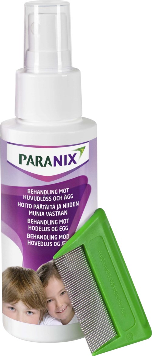 A bottle of Paranit treatment for head lice and eggs with a green nit comb.