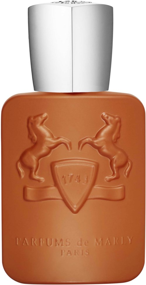 A small, orange bottle with a silver cap, featuring a crest with two horses and text about perfume from Paris.
