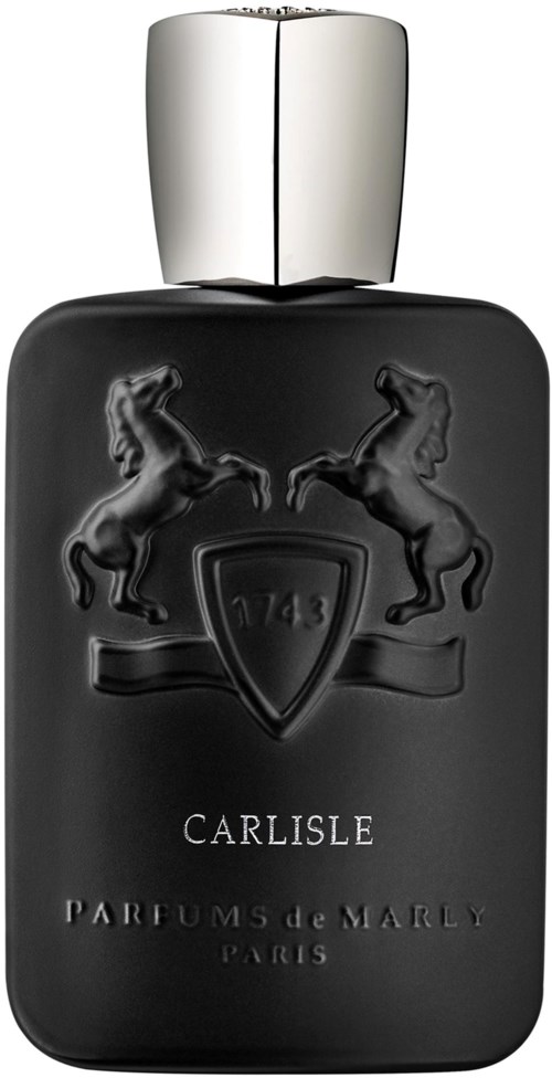 Schwarze Parfümflasche mit zwei aufgerichteten Pferden und Wappenschild, beschriftet 'CARLISLE PARFUMS de MARLY PARIS' und silberner Deckel.