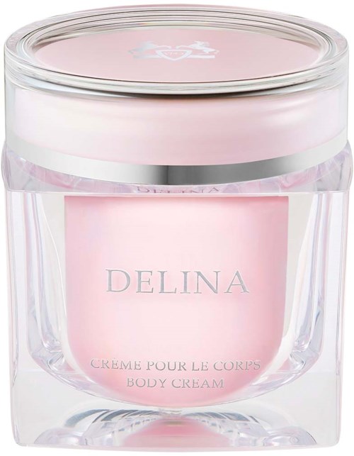 Eine rosa Körpercreme in einem transparenten Behälter mit klarem Deckel, gekennzeichnet mit 'DELINA' und 'BODY CREAM'.