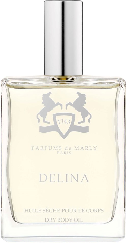 Eine klare Flasche mit silberner Kappe, gekennzeichnet mit Delina, enthält trockene Körperöl von Parfums de Marly, Paris.
