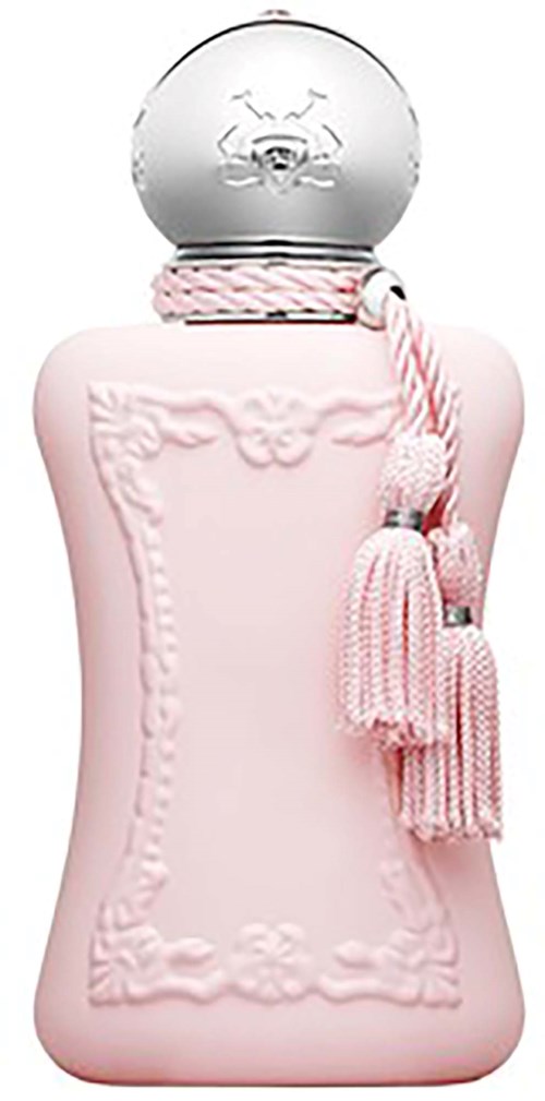 Eine rosa Parfümflasche mit einem silbernen Verschluss und einer rosa Quaste um den Hals.
