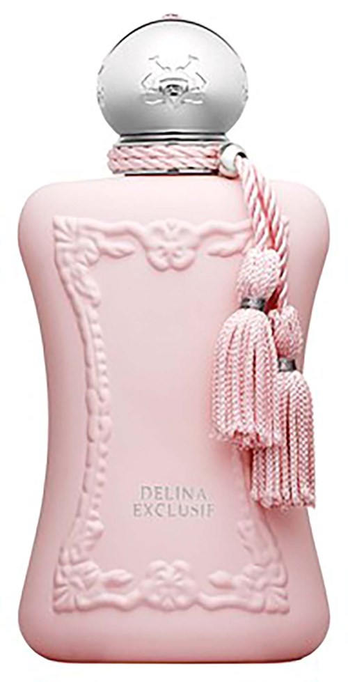 Eine rosa Parfümflasche mit dekorativem Deckel und Quaste am Hals.