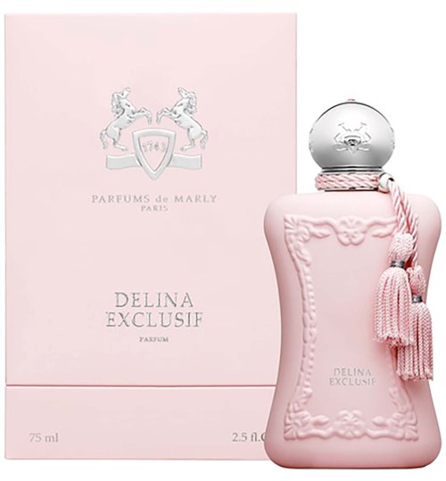 Rosa Parfümfalsche mit silberner Kappe und Quasten neben rosa Box mit Logo und Text für Delina Exklusiv.