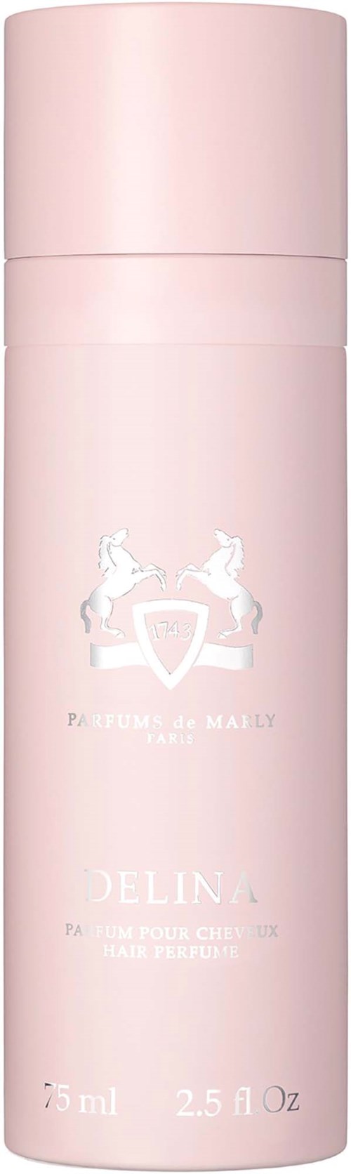 En lang rosa flaske med en logo av to hester og tekst for en parfyme kalt DELIKA.