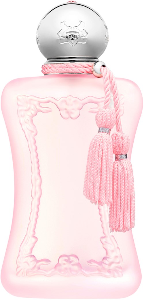 Eine rosa Parfüfflasche mit silberner Kappe und rosa Quaste.