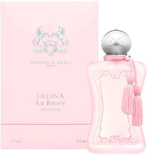 Rote Parfüfflasche mit silberner Kappe und rosa Tassel, neben passender pinker Schachtel. Elegant und zartes Design.