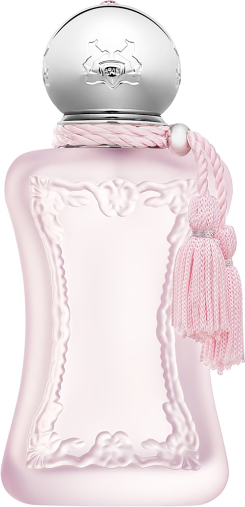 Eine rosa Parfühüllle mit Rahmen, silberner Kappe mit Logo und rosa Quaste am Hals.