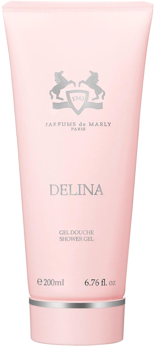 Eine rosa Duschgel-Tube mit der Bezeichnung 'Delina' von Parfums de Marly, 200 ml.