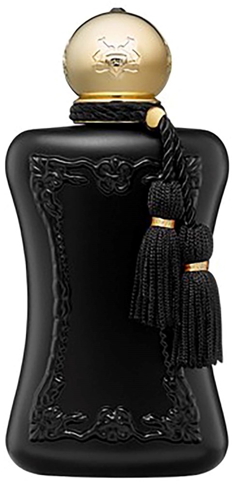 Eine schwarze Parfümflasche mit goldener Kappe, dekorative Details und einer schwarzen Quaste an der Seite.