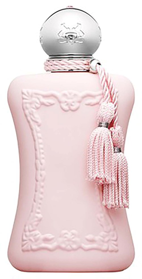 Eine rosa Parfüfflasche mit silberner Kappe und rosa Quasten am Hals.