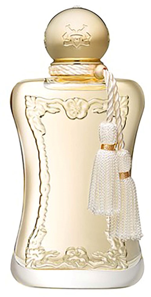 Eine elegante Parfümflasche mit dekorativem Design, rundem Verschluss und Schnur mit Stoffquaste.