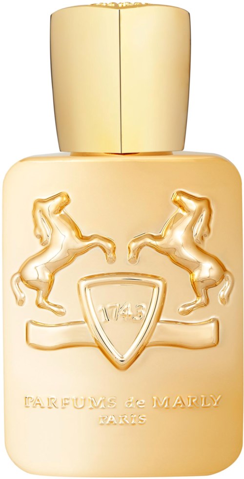 Goldfarbige Parfümflasche mit zwei galoppierenden Pferden und einem Schild. Text: "Parfums de Marly" und "Paris."