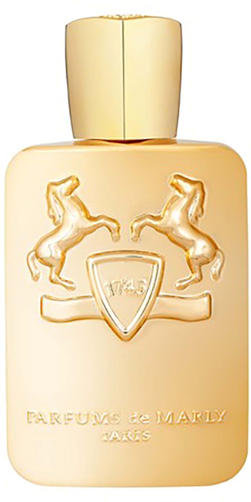 Cremefarbige Parfümflasche mit zwei galoppierenden Pferden und einem Schildlogo, mit Goldkappe und Text darunter.