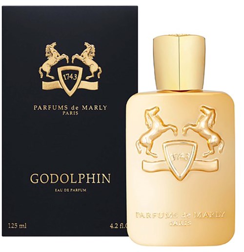Ein Parfümflasche und -box mit goldenen Pferden und Wappenschild-Logo, labeled 'Godolphin' von Parfums de Marly Paris.
