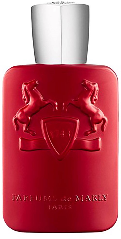 Rote Parfümflasche mit zwei Pferden und Wappen, beschriftet "Parfum de Marly". Silberkappe.