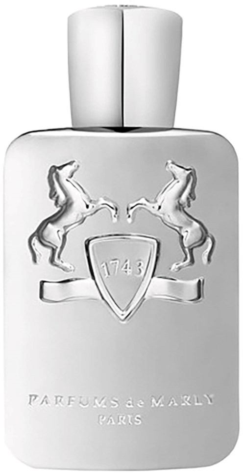 Weiße Parfüfflasche mit zwei aufgerichteten Pferden, einem Schild mit '1743', und der Aufschrift 'Parfums de Marly Paris'.
