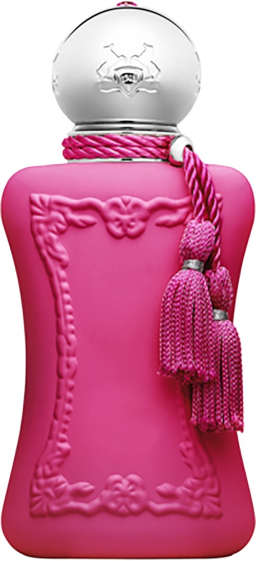 Eine rosa Parfümflasche mit einem dekorativen Rahmen und Quaste, mit einem runden, klaren Verschluss oben.
