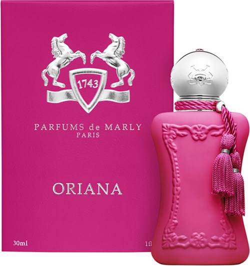 Rosa Parfümverpackung und Flasche mit Pferdemotiv und dem Namen ORIANA, hergestellt von PARFUMS de MARLY.