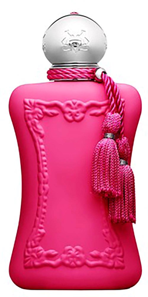 Eine rosa Parfümflasche mit einem dekorativen Rahmen, einem klaren runden Deckel und rosa Quasten, die an einem Band hängen.