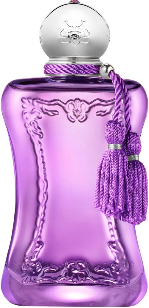 Eine lila Parfümflasche mit dekorativem gold und lila Deckel, und eine lila Quaste hängt vom Hals.